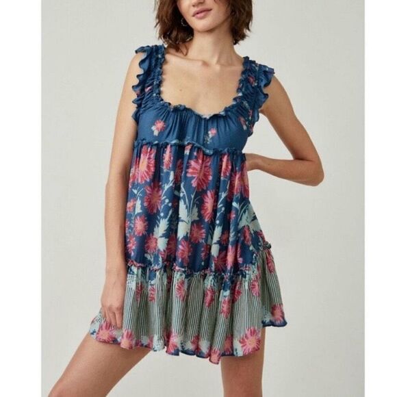Free People Bali Wild Daisy Crisscross Back Ruffled Mini Dress NWT Size Small - Picture 1 of 8
